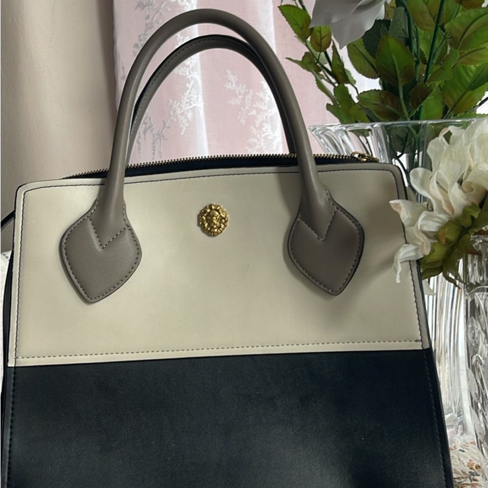 Anne Klein Two-Tone Cream and Black Tote with Taupe Handles
